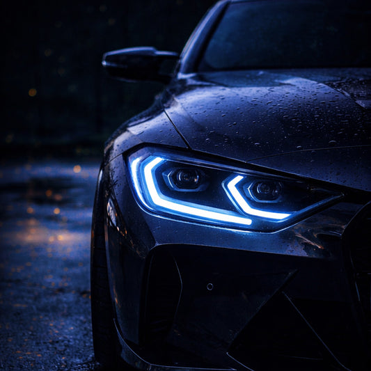 Dual Panel Blue LED Headlight Car Wall Art – Cinematic Automotive Canvas Print