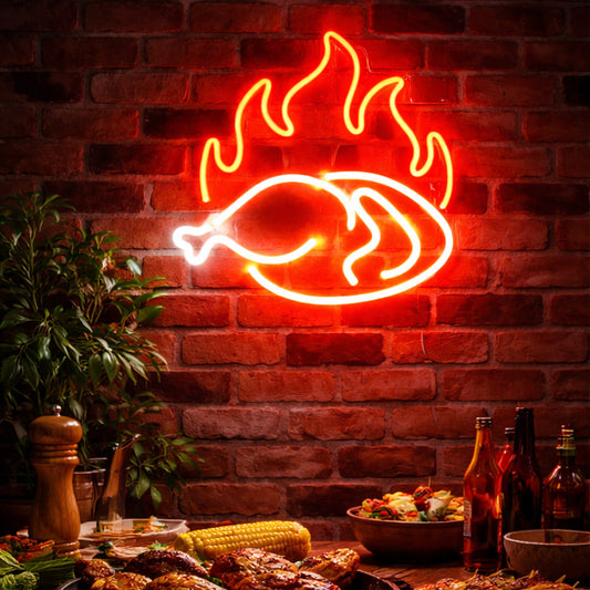 Flaming Roast Chicken Neon Wall Sign – BBQ & Grill LED Light for Restaurants, Kitchens & Food Spaces