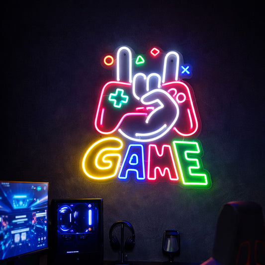 Game On Neon Wall Sign – Multicolor LED Gaming Controller Hand Gesture Sign for Gamer Room & Setup