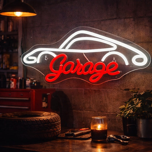 Garage Neon Sign with Car Outline – Red & White LED Wall Light