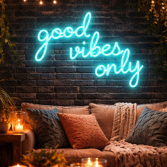 Good Vibes Only Neon Wall Sign – Turquoise LED Quote for Positive, Modern Interiors