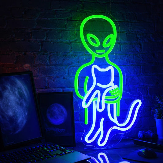 Green Alien Holding Cat – Neon Sign with Blue Glow for Modern & Sci-Fi Decor