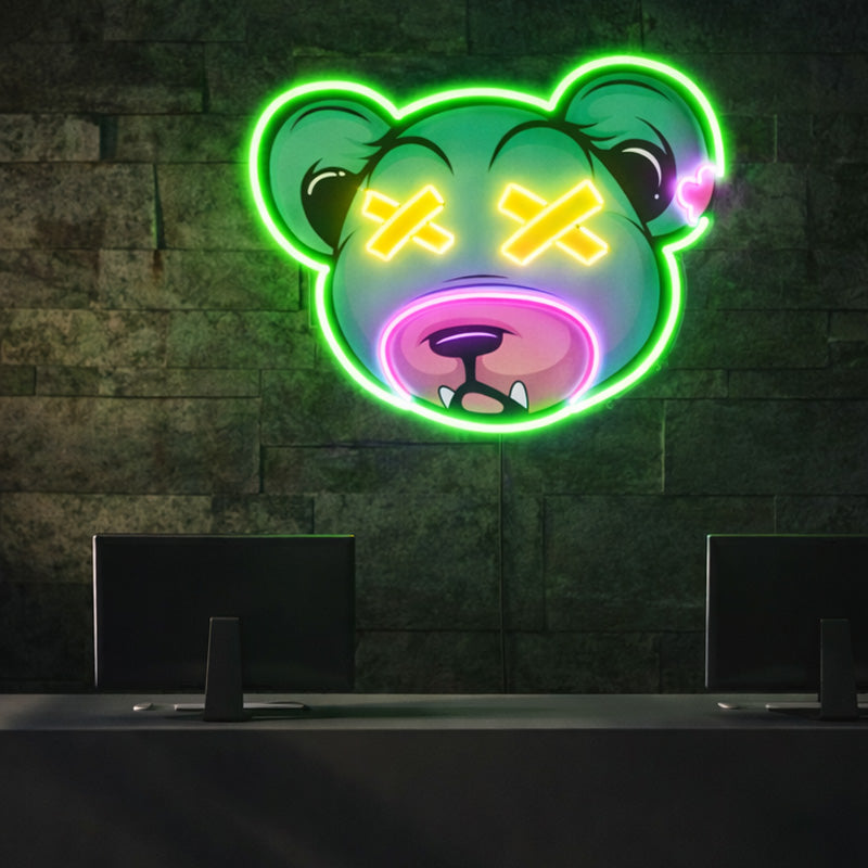 Green Bear Face Neon Sign – Edgy Cartoon LED Wall Art