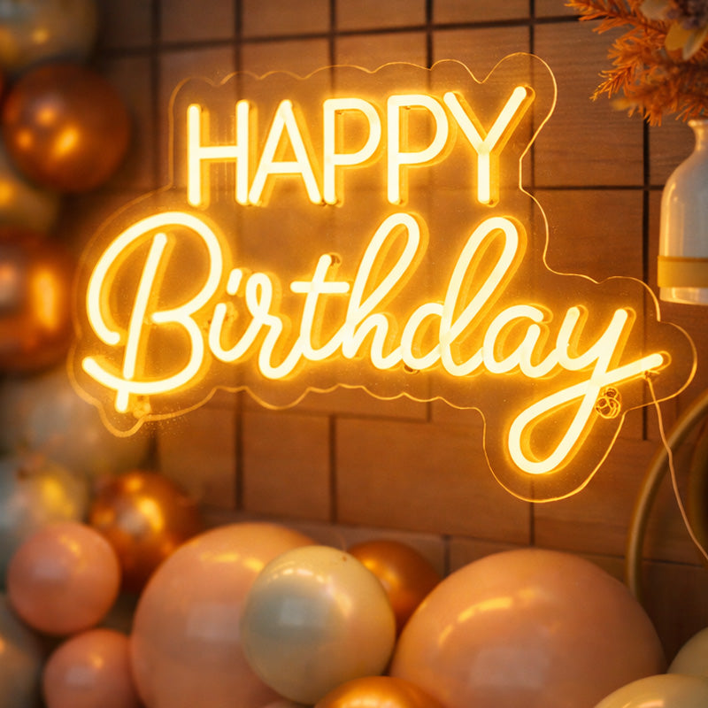 Happy Birthday LED Neon Sign – Warm Yellow Script Neon Light for Party & Event Decor