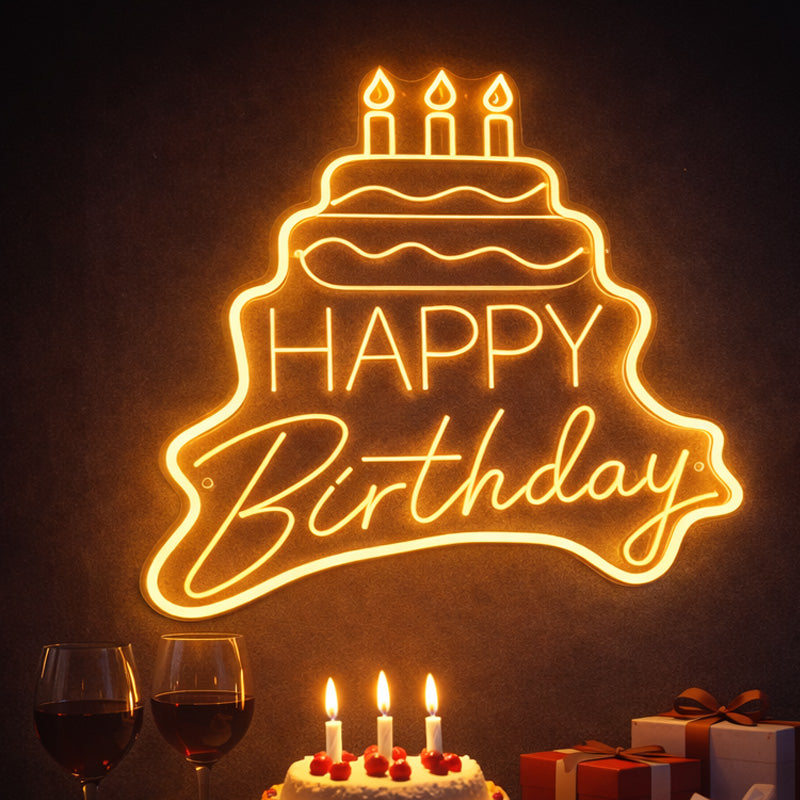 Happy Birthday Neon Cake Sign – Warm Yellow LED Birthday Wall Decor with Candles