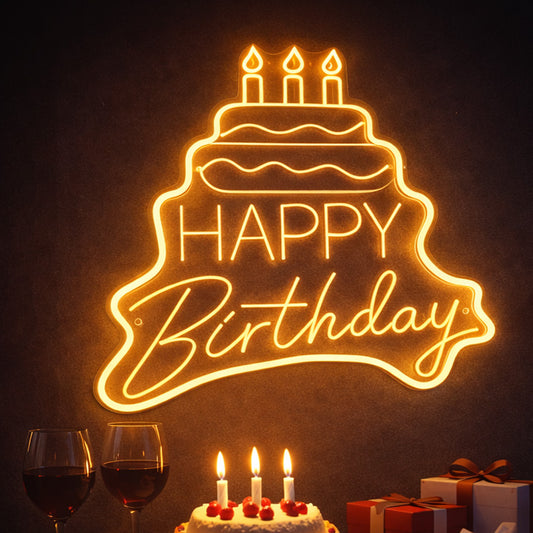 Happy Birthday Neon Cake Sign – Warm Yellow LED Birthday Wall Decor with Candles