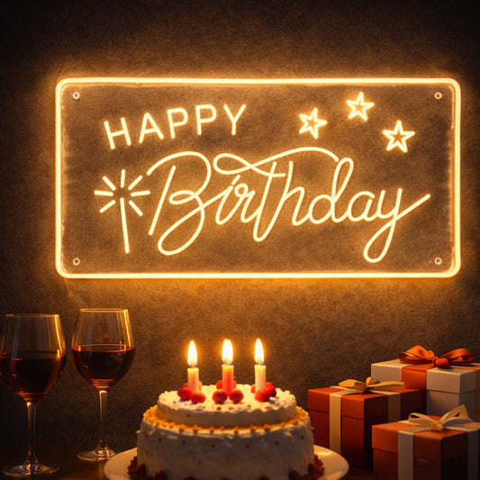 Happy Birthday Script Neon Sign – Warm Yellow LED Acrylic Wall Sign with Stars