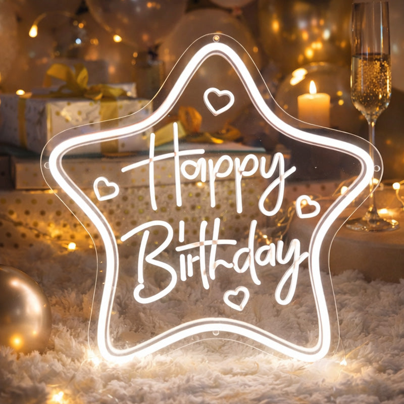 Happy Birthday Star Neon Sign – Warm White LED Celebration Light