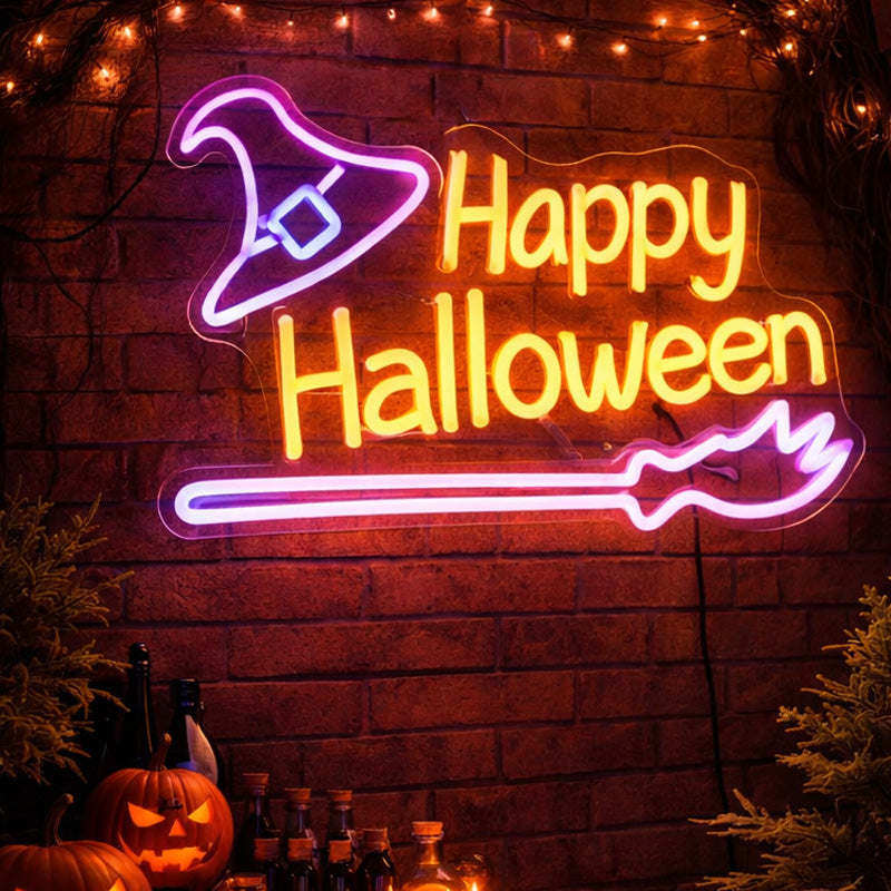Happy Halloween Neon Sign – Witch Hat LED Wall Light
