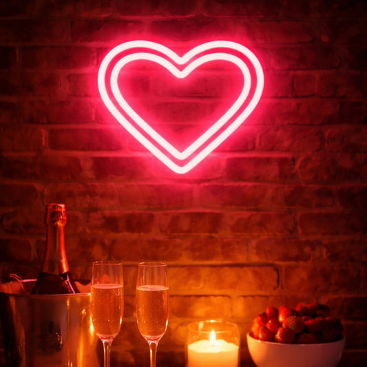 Heart LED Neon Sign with Double Outline Design for Bedroom and Romantic Wall Decoration