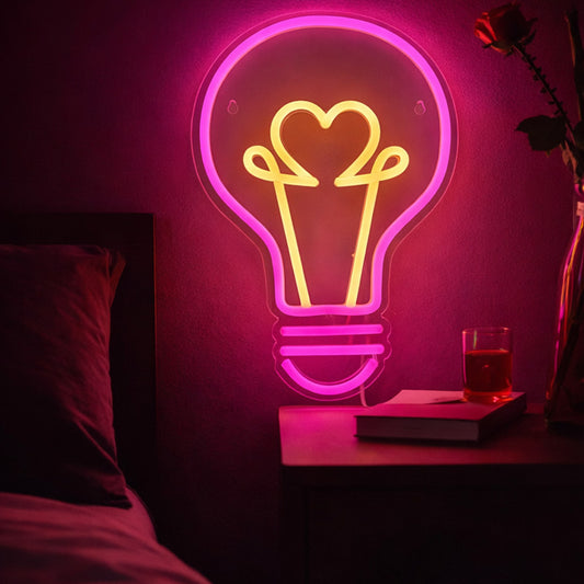 Heart Light Bulb Neon Sign – Pink & Warm Yellow LED Wall Light