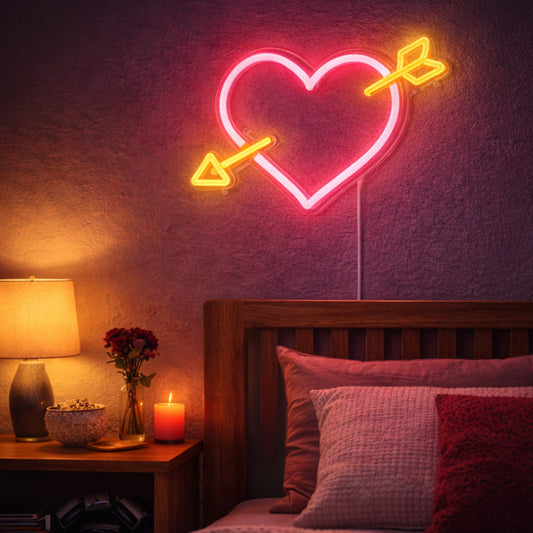 Heart with Arrow Neon Sign – Romantic LED Wall Light for Bedroom, Couple Space & Valentine Decor
