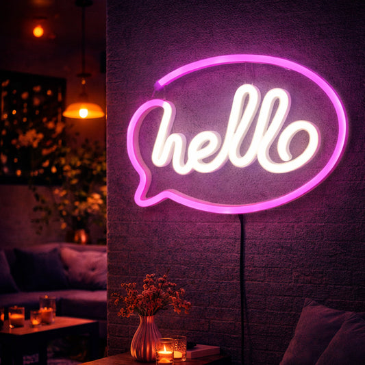 Hello Speech Bubble Neon Sign – Pink & Warm White LED Wall Light