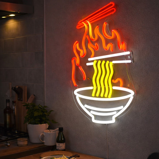 Hot Noodle Bowl Neon Sign with Chopsticks – Minimal Ramen LED Wall Light