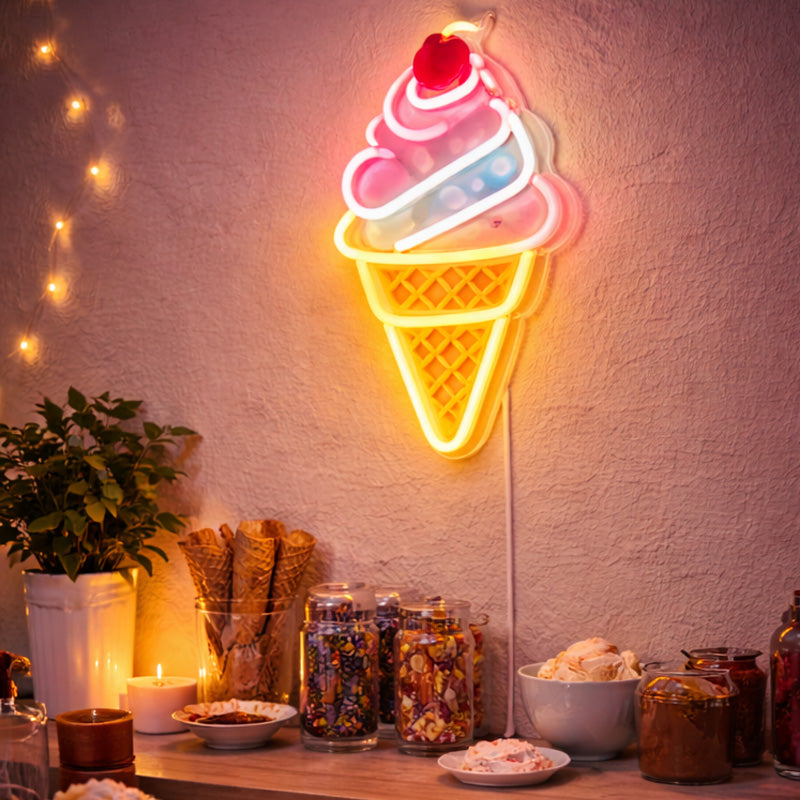 Ice Cream Cone Neon Sign – Sweet LED Dessert Wall Light with Cherry Top