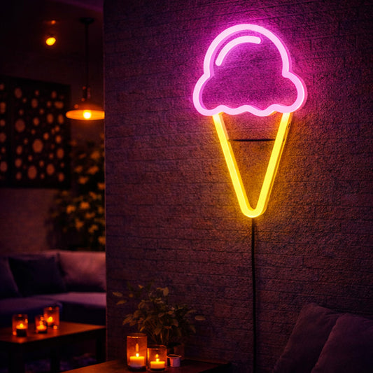 Ice Cream Neon Sign – Pink & Yellow LED Wall Light for Café, Dessert Shop & Home Decor