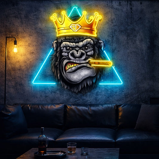 King Gorilla Neon Wall Sign – Crowned Gorilla LED Neon Art with Cigar for Man Cave, Bar, Lounge, or Modern Interior Decor
