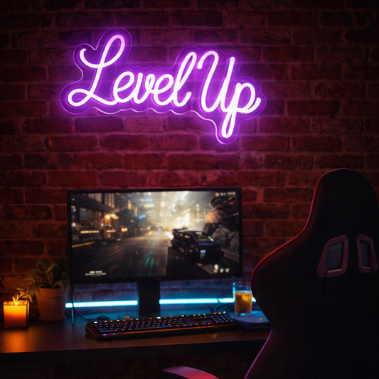 Level Up LED Neon Sign – Purple Gaming Room & Streaming Decor