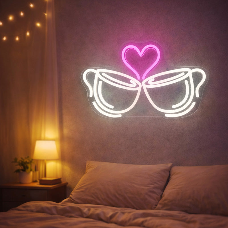 Love Coffee Neon Sign – Double Cup with Heart LED Wall Light