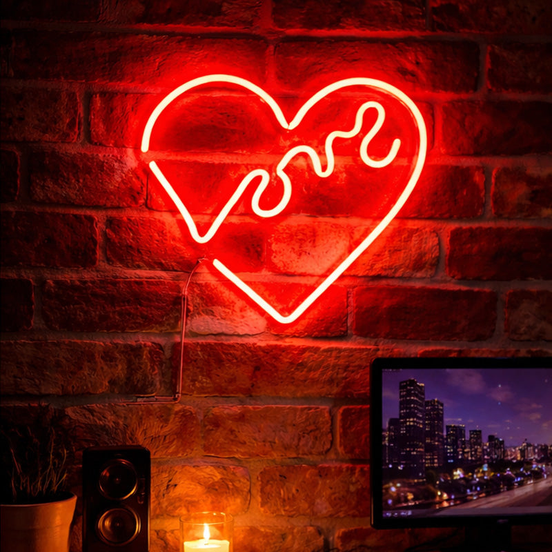 Love Heart LED Neon Sign with Handwritten Script Design for Bedroom and Romantic Wall Decoration