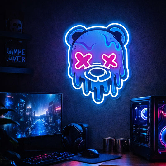 Melting Bear Neon Sign – Dripping Bear Face LED Wall Art with X Eyes