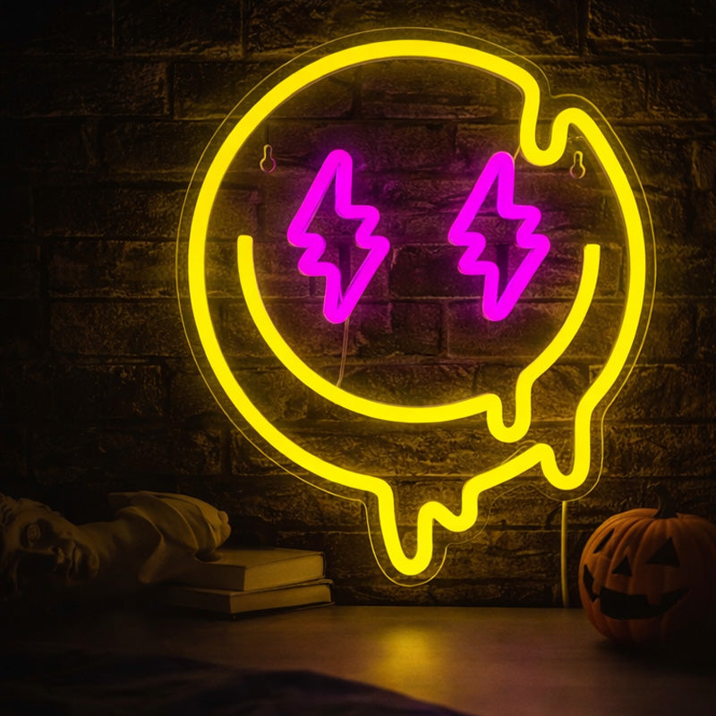 Melting Face Neon Sign with Lightning Eyes – LED Wall Art