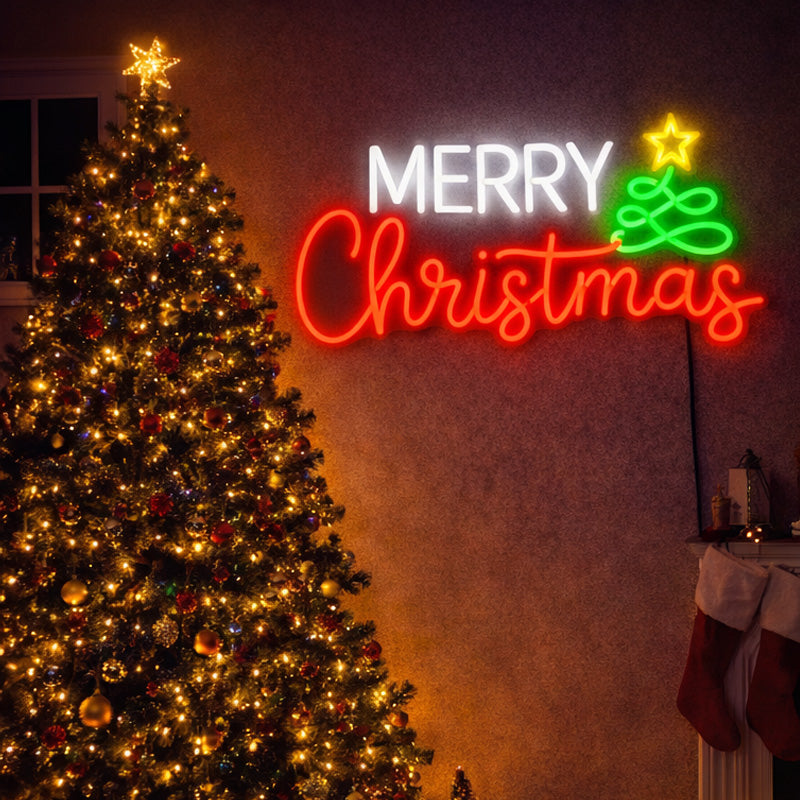 Merry Christmas Neon Sign with Star Tree – Red, White & Green LED Neon Wall Decor