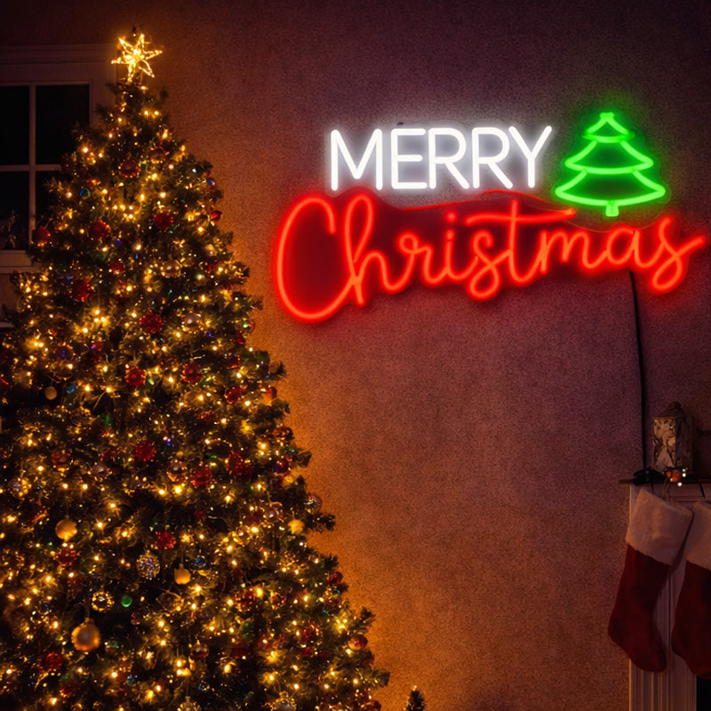 Merry Christmas Neon Sign with Tree – Red, White & Green LED Neon Wall Light for Holiday Decor
