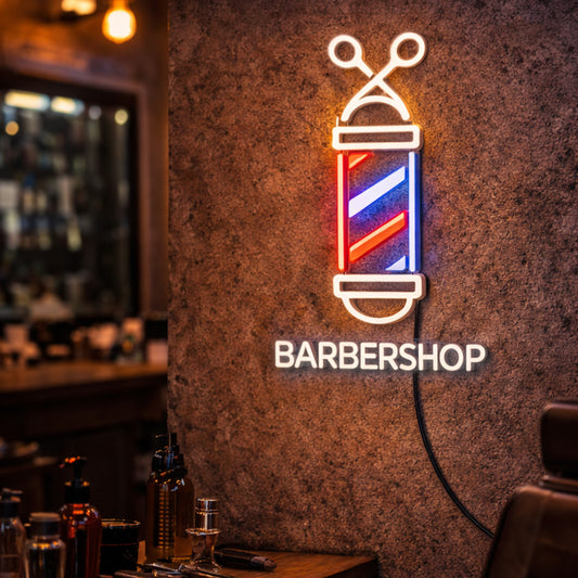Modern Barber Pole LED Neon Sign – Scissors Hair Salon Wall Light Decor