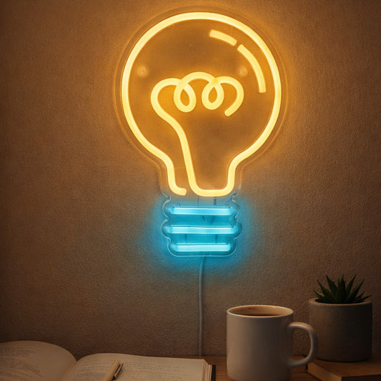 Modern Light Bulb Neon Sign – Warm Yellow & Cool Blue LED Wall Light
