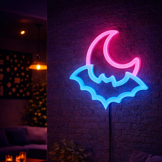 Moon & Bat Neon Sign – Pink and Blue LED Halloween Wall Light
