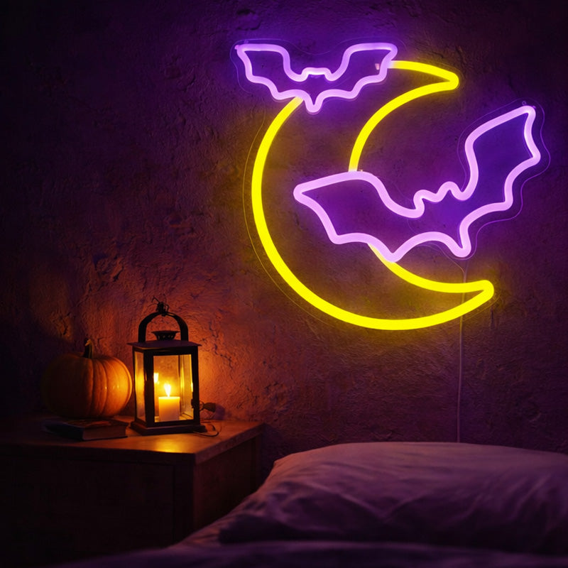 Moon & Bats Neon Sign – Halloween LED Wall Decor