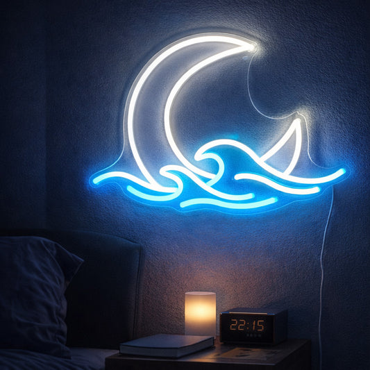 Moon & Ocean Wave Neon Sign – White and Blue LED Wall Light, Night Sky Theme