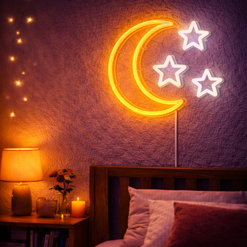 Moon & Stars Neon Sign – Warm LED Wall Light for Bedroom & Cozy Night Decor