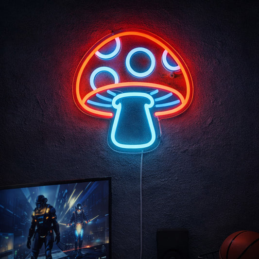 Mushroom Neon Sign – Red & Blue LED Wall Light for Gaming Room Decor