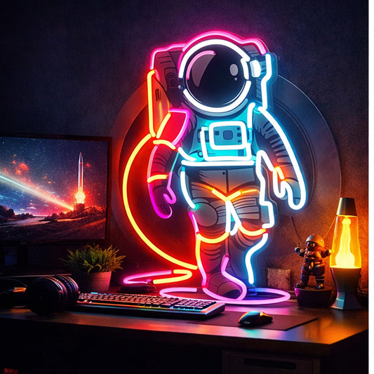 Neon Astronaut Standing on the Moon – Colorful Space LED Wall Light