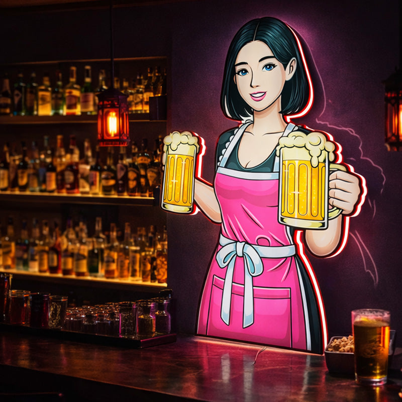 Neon Beer Girl Wall Sign – Bartender Illustration LED Neon Light for Bar, Pub & Beer Lounge Decor