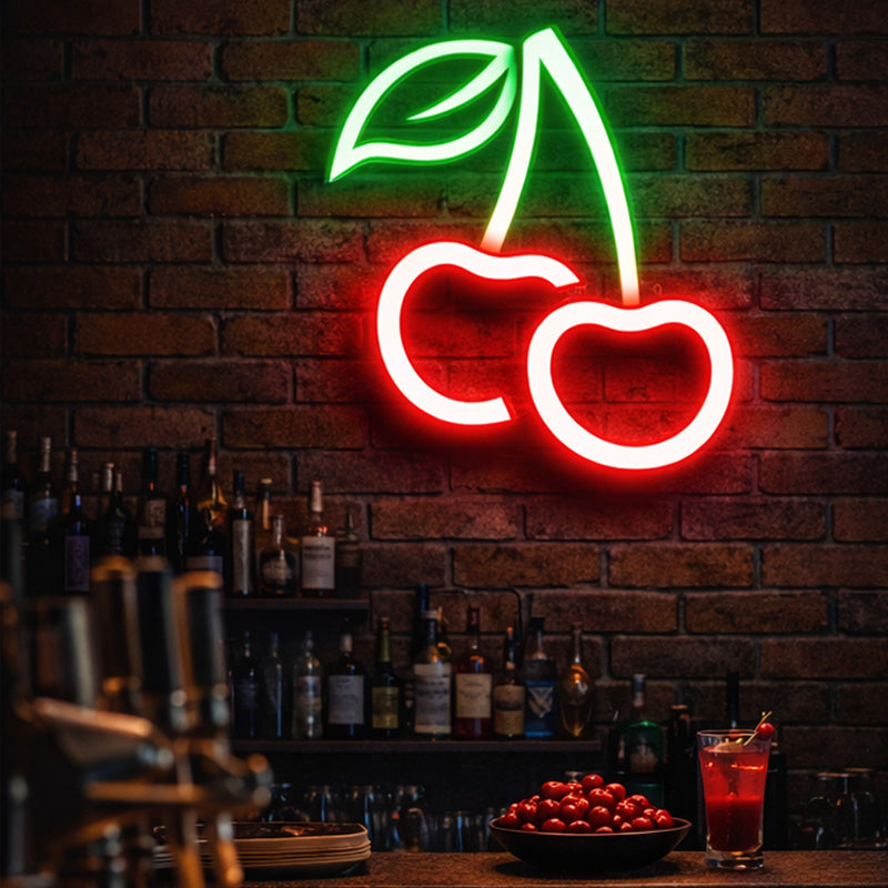 Neon Cherry Wall Sign – Red & Green LED Fruit Light for Bars, Cafés & Playful Interiors