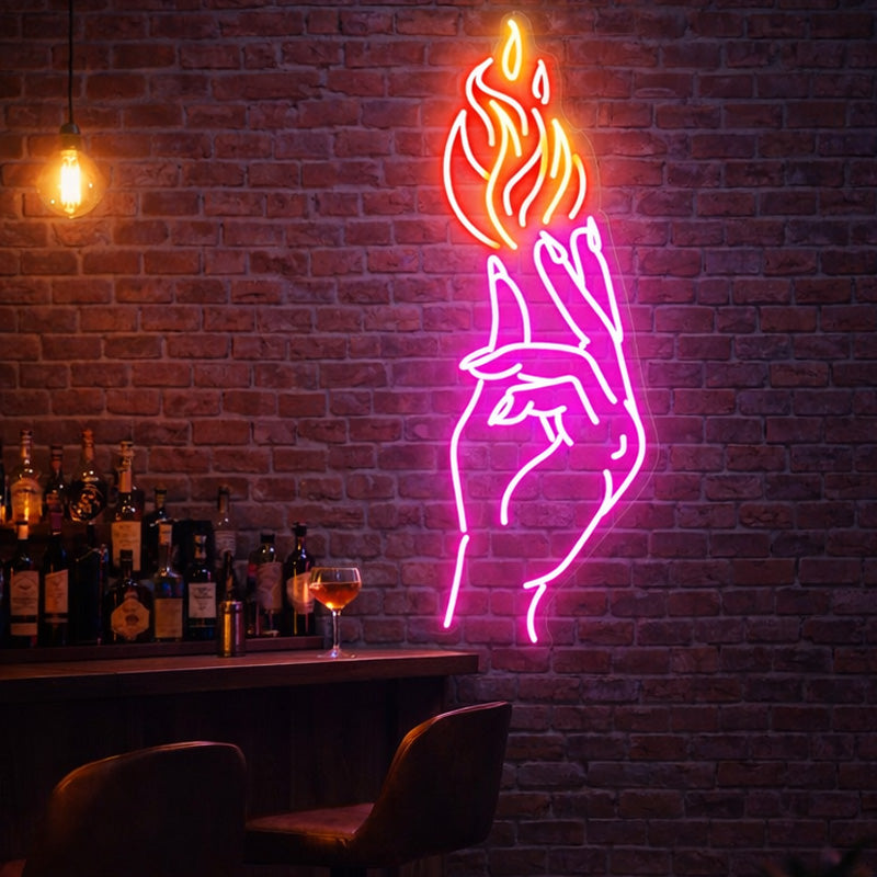 Neon Flame Hand Wall Art – Pink & Orange LED Neon Sign