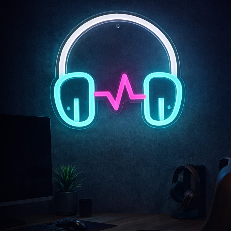 Neon Headphones with Heartbeat LED Sign – Music Studio & Gaming Room Wall Light