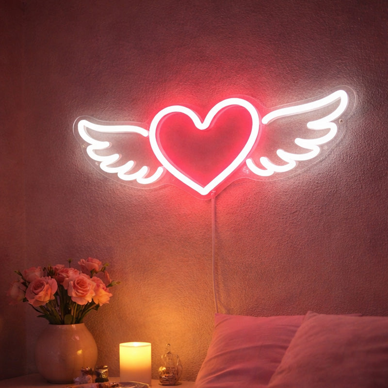 Neon Heart with Wings Wall Light – Romantic Red & White LED Love Sign