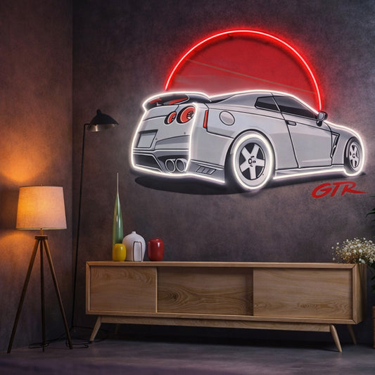 Neon Nissan GTR Rear View Wall Sign – Red Halo LED Car Art