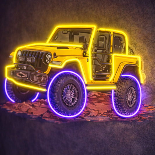 Neon Off-Road Adventure Truck Wall Sign – Yellow & Purple LED 4x4 Art