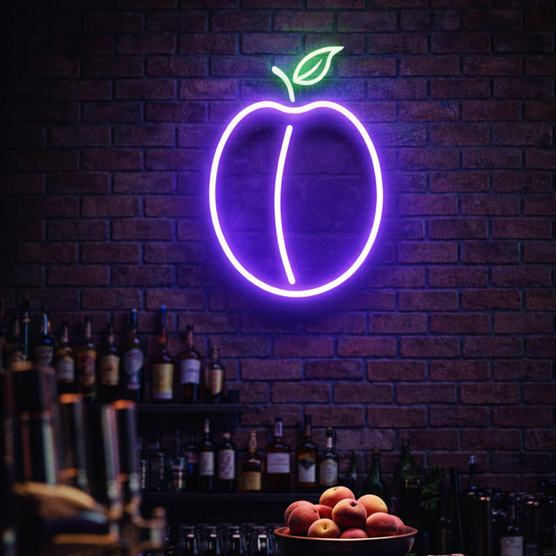 Neon Peach Wall Sign – Purple & Green LED Fruit Light for Bars, Cafés & Stylish Interiors