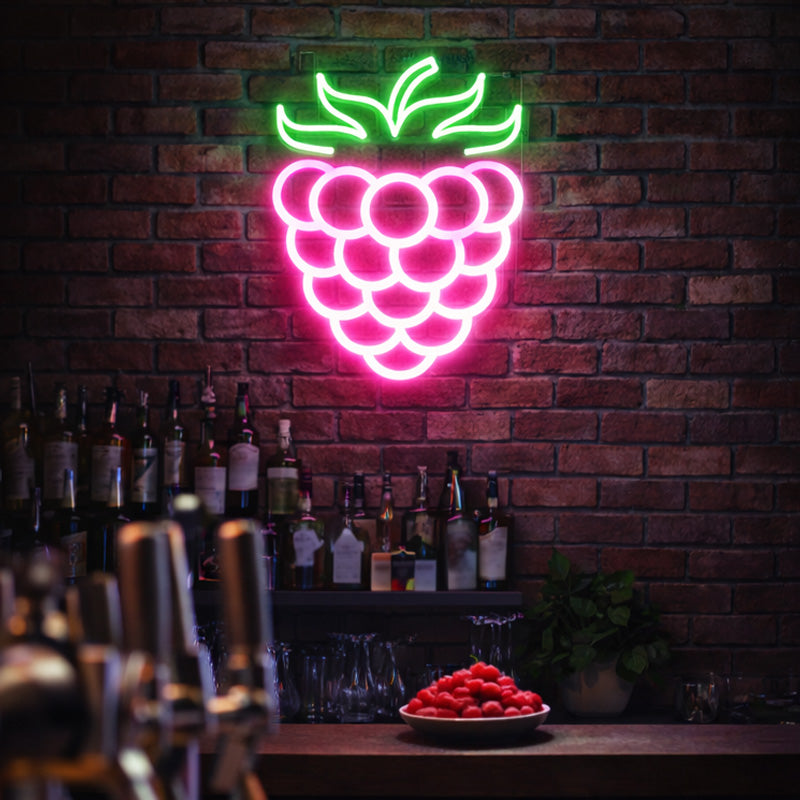 Neon Raspberry Wall Sign – Pink & Green LED Fruit Light for Bars, Cafés & Modern Interiors