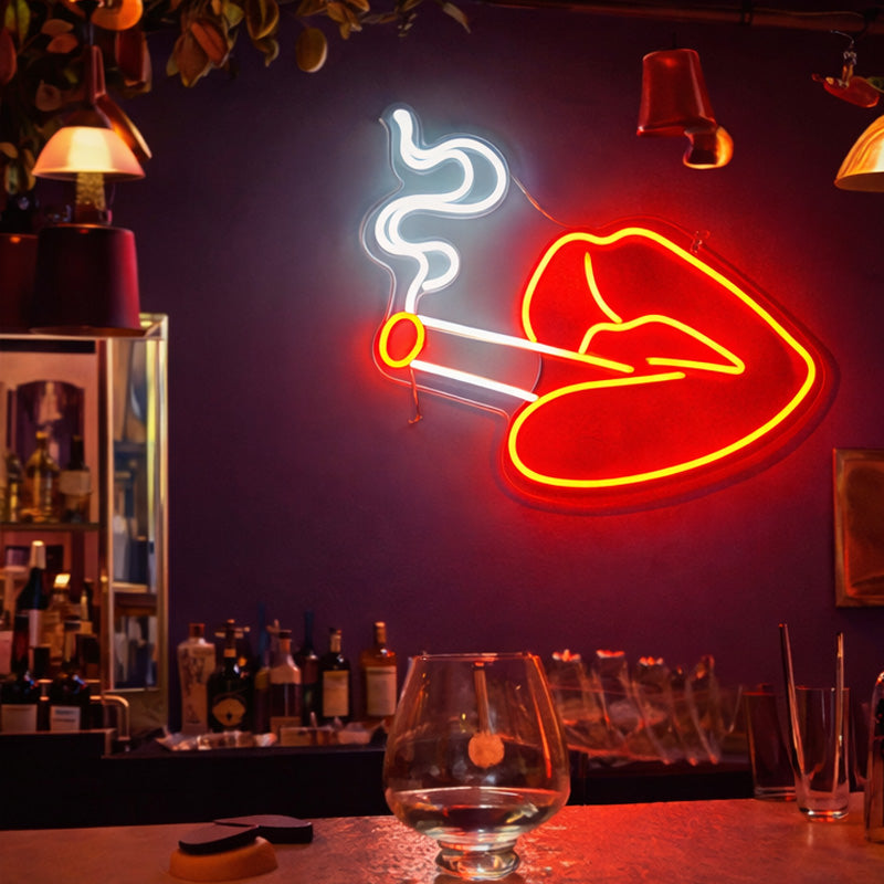 Neon Smoking Lips Wall Art – Red, White & Orange LED Neon Sign