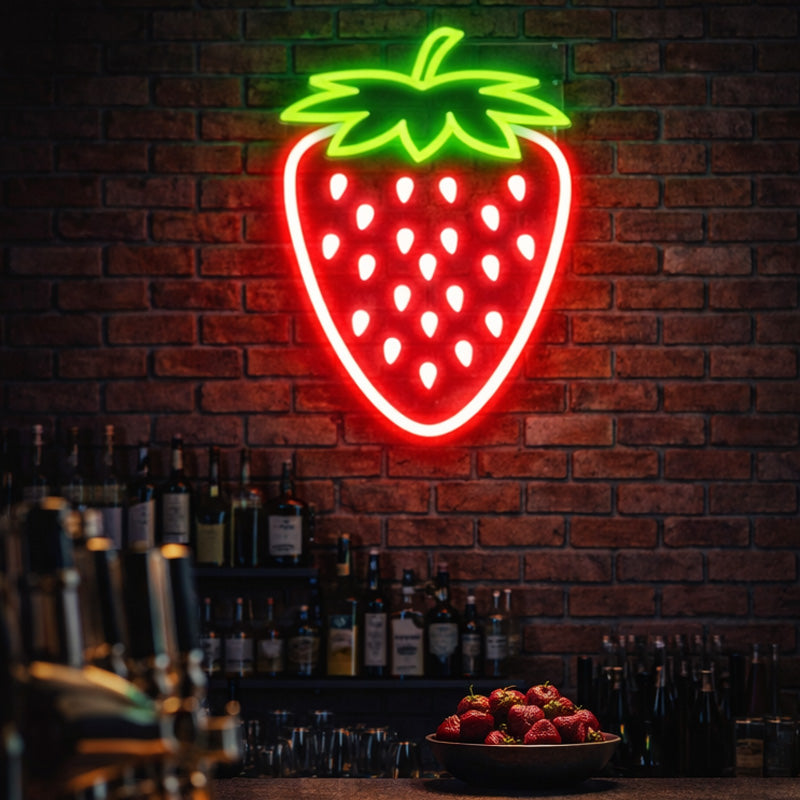 Neon Strawberry Wall Sign – Red & Green LED Fruit Light for Bars, Cafés & Modern Décor