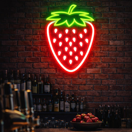 Neon Strawberry Wall Sign – Red & Green LED Fruit Light for Bars, Cafés & Modern Décor