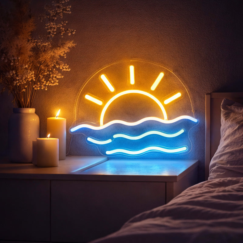 Neon Sunrise Ocean Wall Light – Warm Yellow & Blue LED Coastal Neon Sign