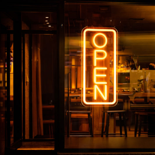 OPEN Vertical Neon Sign – Warm Amber LED Shop Window Light